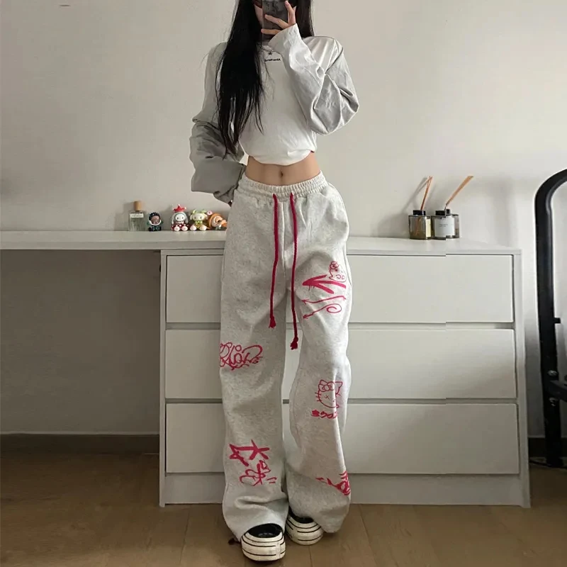 Sanrio Hello Kitty Pants High Waist Pants for Women Streetwear Casual Loose Punk Rock Y2k  Straight Wide Leg Trouser Streetwear