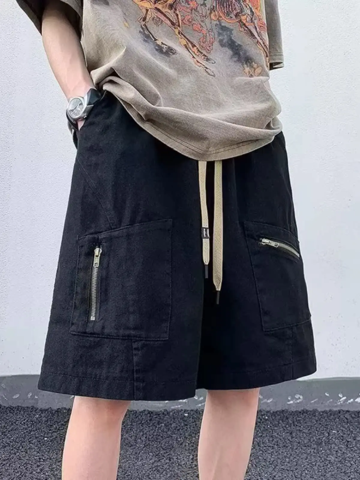 

Summer American Sle Workwear orts Men's High Street Vibe Five-Quarter Loose Wide Leg Casual Mid-Length Jeans in Brown