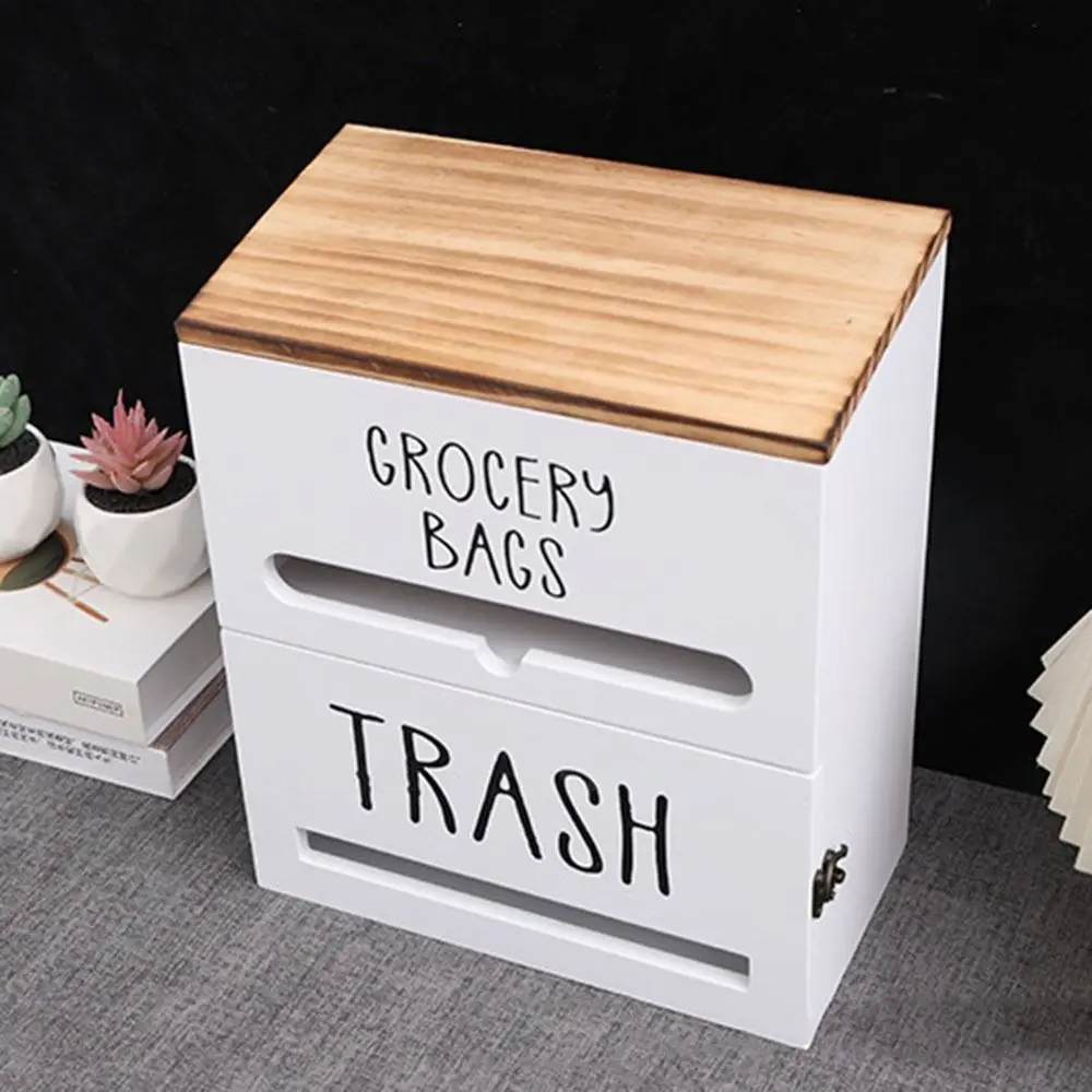 Rack Wall Mounted Trash Bag Dispenser 2 in 1 with Lid Garbage Bag Container Storage Box Wood Toilet Roll Paper Holder Under Sink