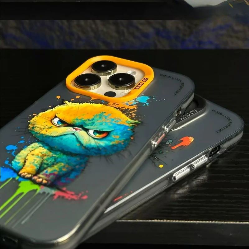 Oil Painting Fat Cat Puppy Phone Case for iPhone 14 15 Pro Max 11 12 13 X XR XSMax 7/8 Plus Laser Plated Shockproof Bumper Cover