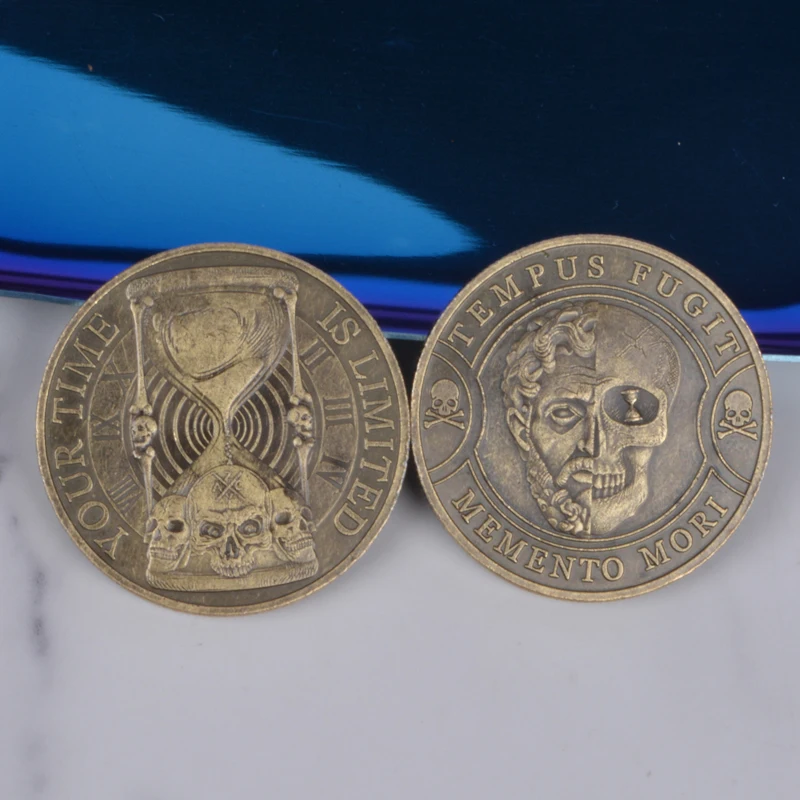 عملة جمجمة معدنية عتيقة ، تذكّر تحمل عملات معدنية ملهمة ، وقتك محدود ، TEMPUS foodit ، تذكار موري