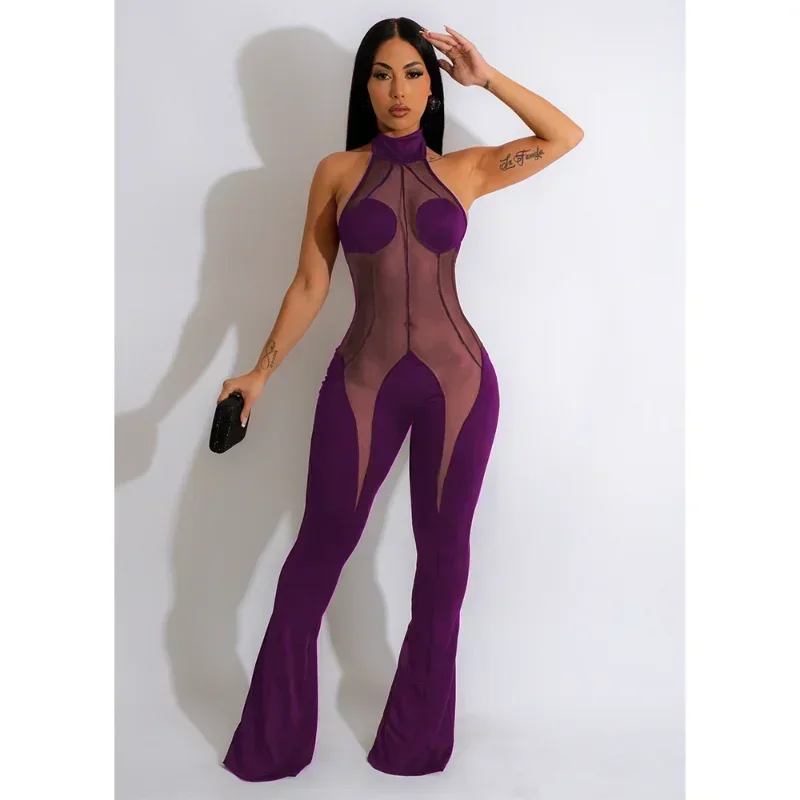 

GUWU Sheer Mesh Jumpsuits for Women Sleeveless Halter Backless Party Club Sexy Jumpsuit Flare Pants Skinny Bodycon Overalls