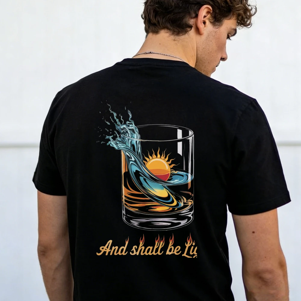 Whiskey Glass Ocean Sunset Wave Graphic T-Shirt Men Back Vintage Flame Letter Alcohol Art Cotton Short Sleeve Unisex Casual Tee