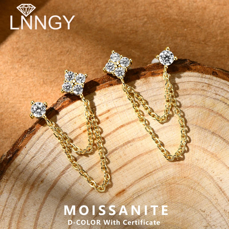 

Lnngy 925 Sterling Silver Double Studs Chain Tassel Earrings Certified 3mm&2mm Flower Moissanite Drop Earring For Women Gift