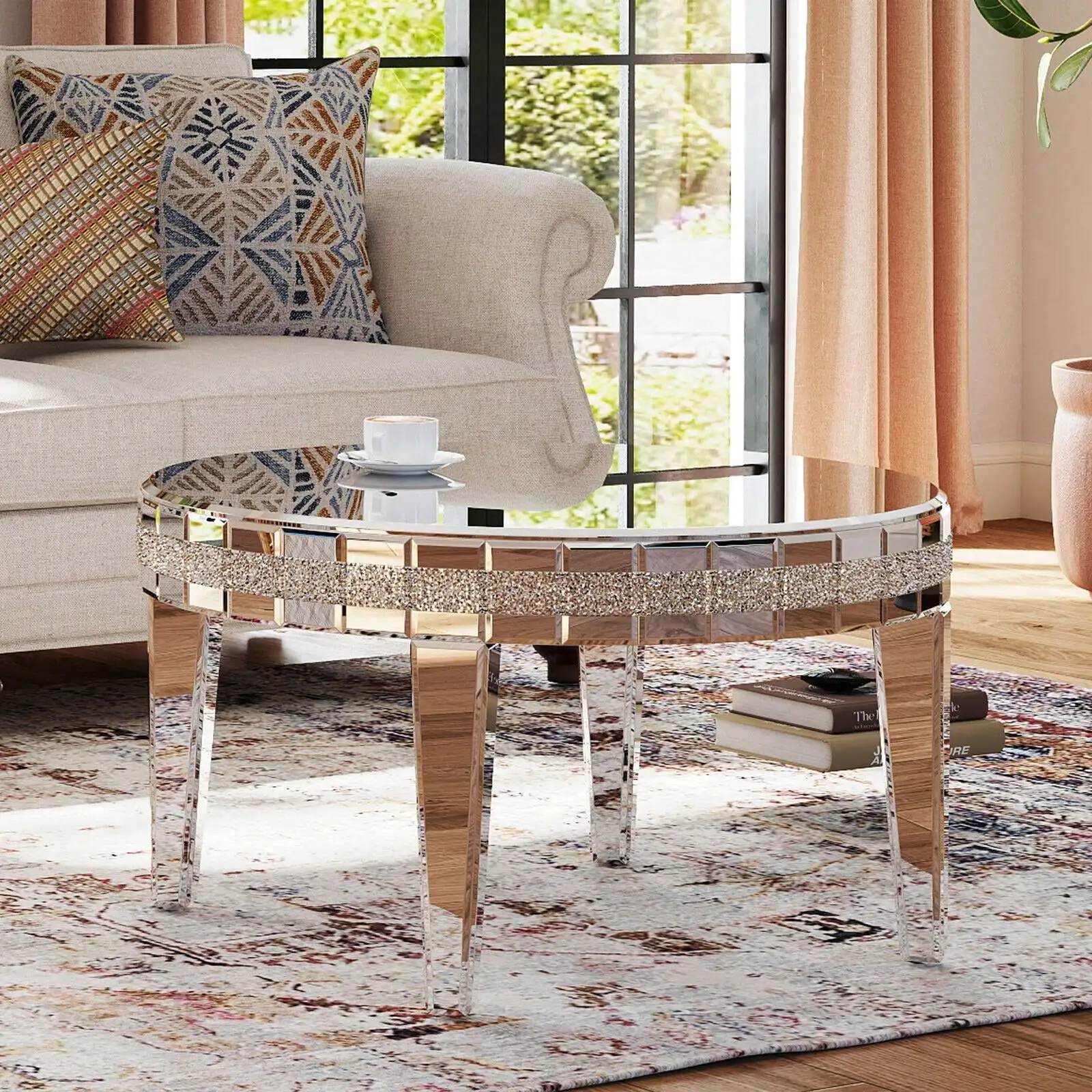 

Luxury 31.5" Mirrored Round Glass Coffee Table Cocktail Table Living Room