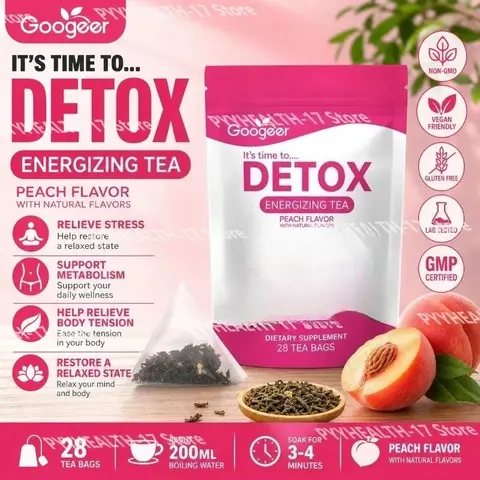 Googeer Energizing Herbal Tea Bags Dietary Supplement Peach Flavor Daily Wellness Energy Support for Adult Use 28 Tea Bags Pack