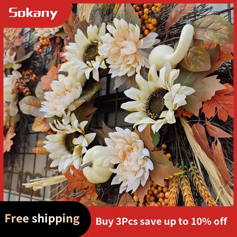 

A59E-20 Inch Fall Wreath Autumn Front Door Hanger Decor Featuring Pumpkins For Thanksgiving Outdoor Display