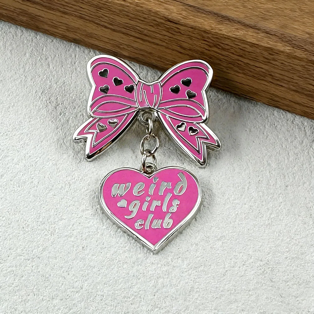 Pink Bow Brooch Weird Girls Club Heart Pendant Badge Clothing Bag Pin Accessories Cute Unique Gifts