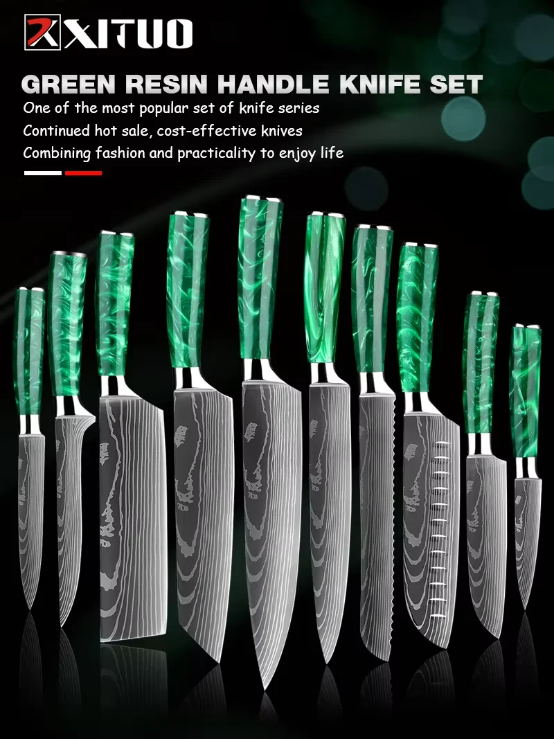 XITUO 1-10 PCS Kitchen Knives Sets Pro Chef knife Japanese Damascus laser pattern Santoku Slicing Knife Green Resin Handle