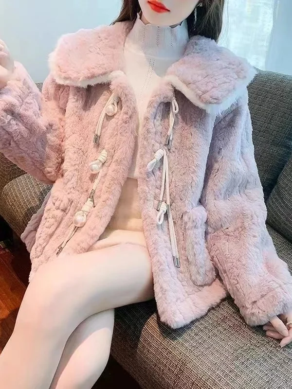 เสื้อโค้ทขนแกะสไตล์เกาหลีสำหรับผู้หญิง รุ่น Thiened สำหรับฤดูหนาว ไซส์เล็ก ทำจากหนังและขนสัตว์