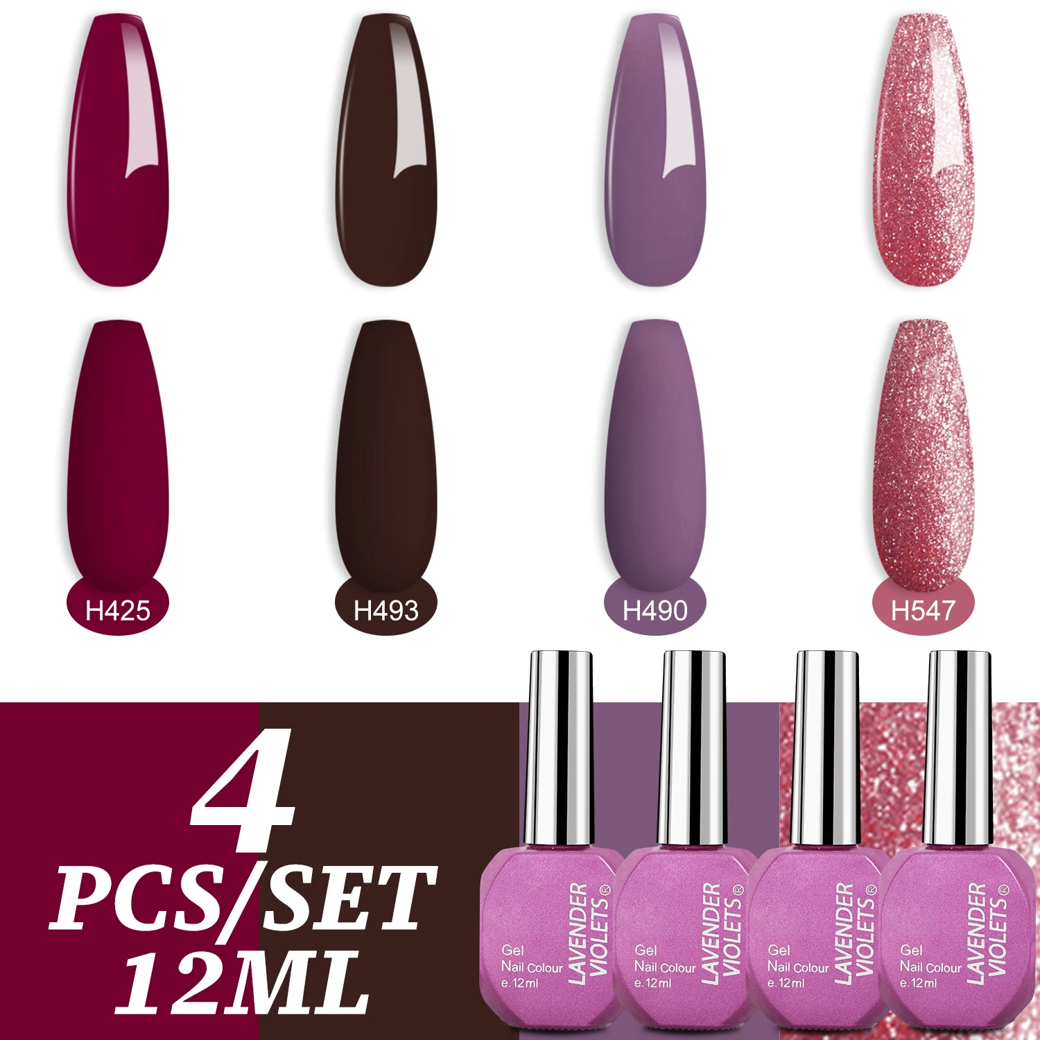 4x12ml Gel Nail Polish Kit, 4 Colors Dark Red Purple Brown Glitter Pink Soak Off UV LED Nail Gel Set for Salon Manicure Nail Art