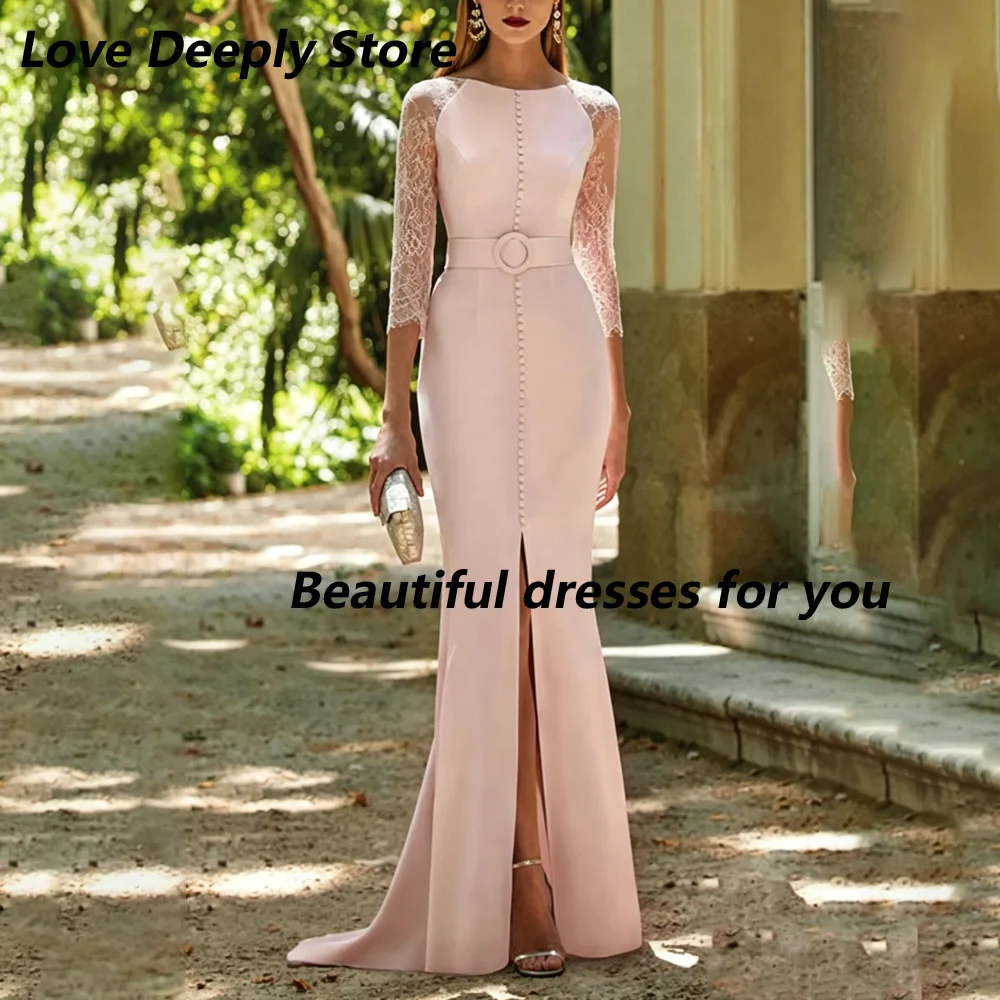 Customized Mermaid Mother Of Bride Dresses Dusty Pink Lace 3/4 Sleeve Round Neck Button Belt High Slit Backless Evening Dress