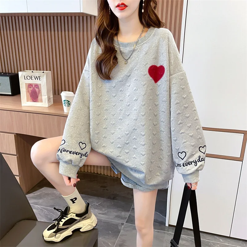 

Casual Autumn Women's O-Neck Solid Sweatshirts Love Embroidered Fashion Trend Loose Long Sleeve Streetwear Tops Vintage Pullover