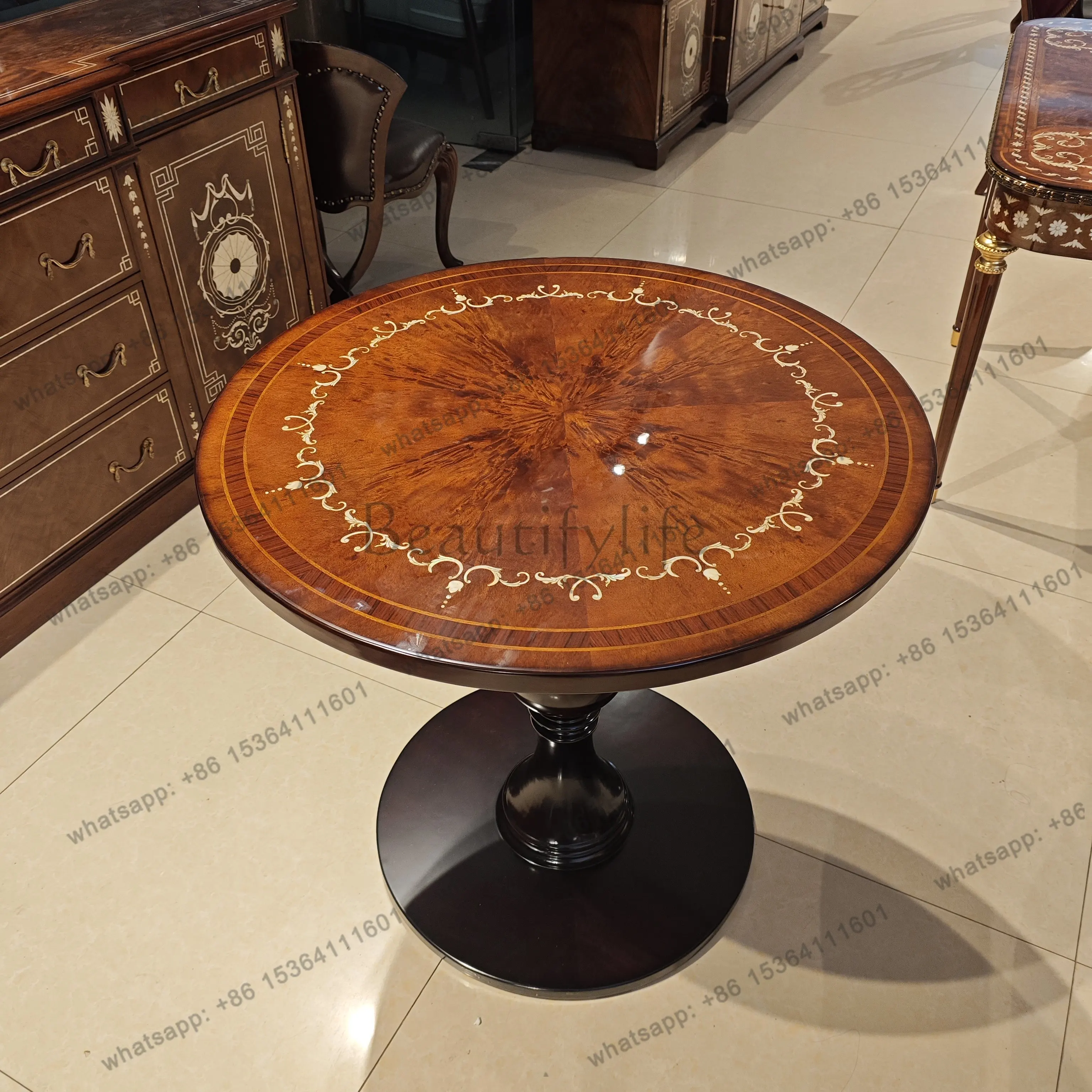 Small round table coffee table veneer parquet shell inlay