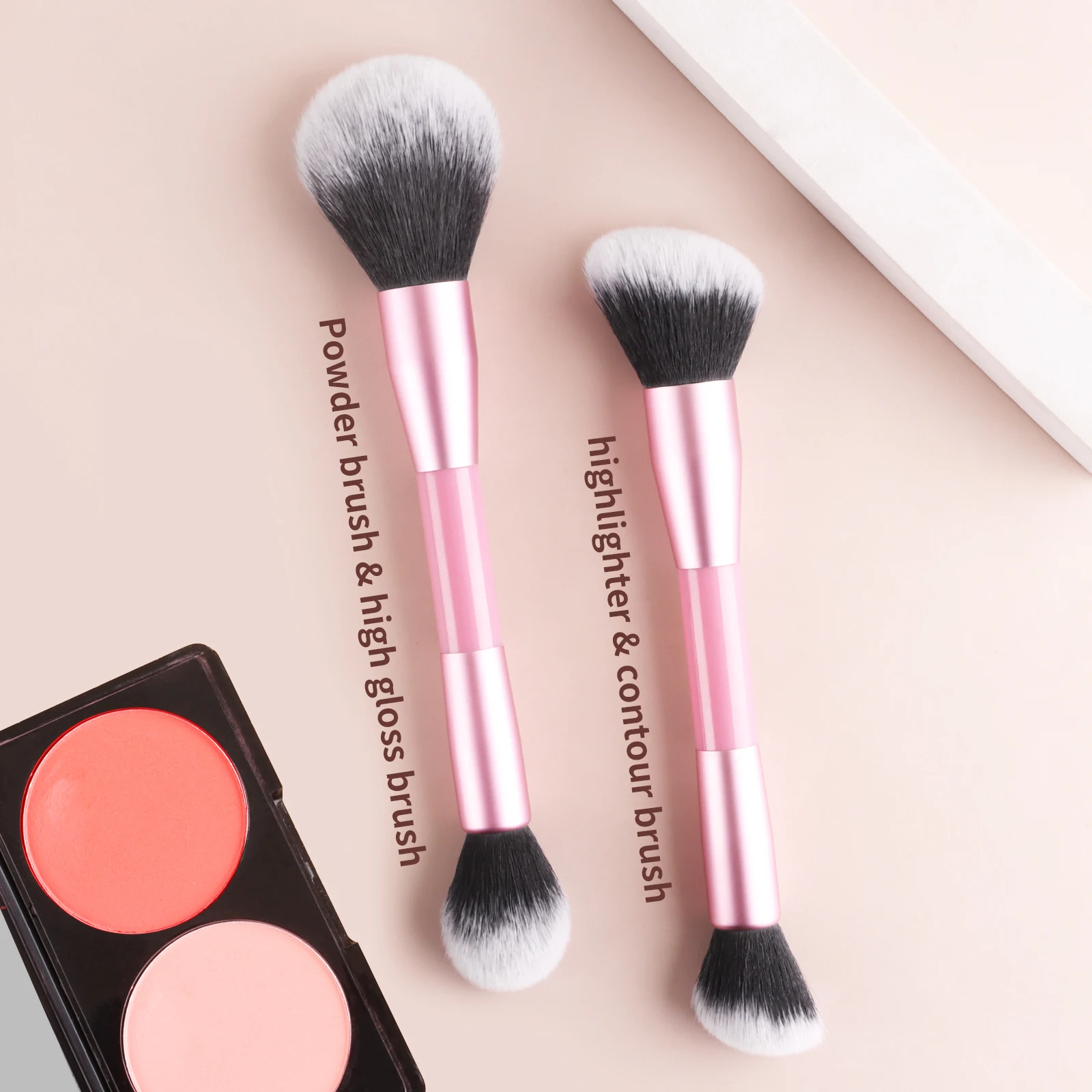 2Pcs Double End Makeup Brush Set, Round Powder & Angled Contour Highlight Brushes, Portable Cosmetic Tools for Blush Daily Makeu