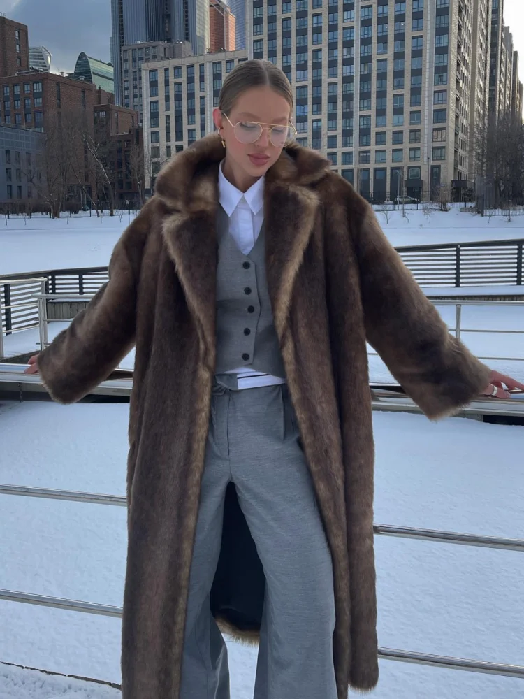 Women Luxury Brown Long Faux Fur Overcoat Fashion Lapel Single Breasted Warm Fluffy Coats 2024 Winter Lady Street Plush Outwear