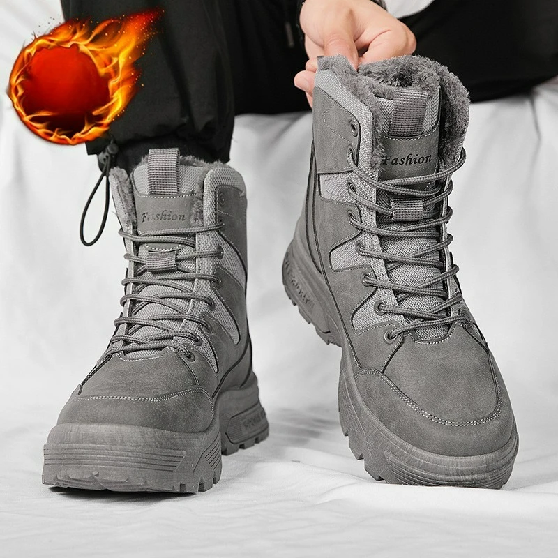 2026 New Style Faux Fur Integrated Fleece Lined Winter Men Boots Warm Waterproof Anti-slip High-top Cotton Shoes