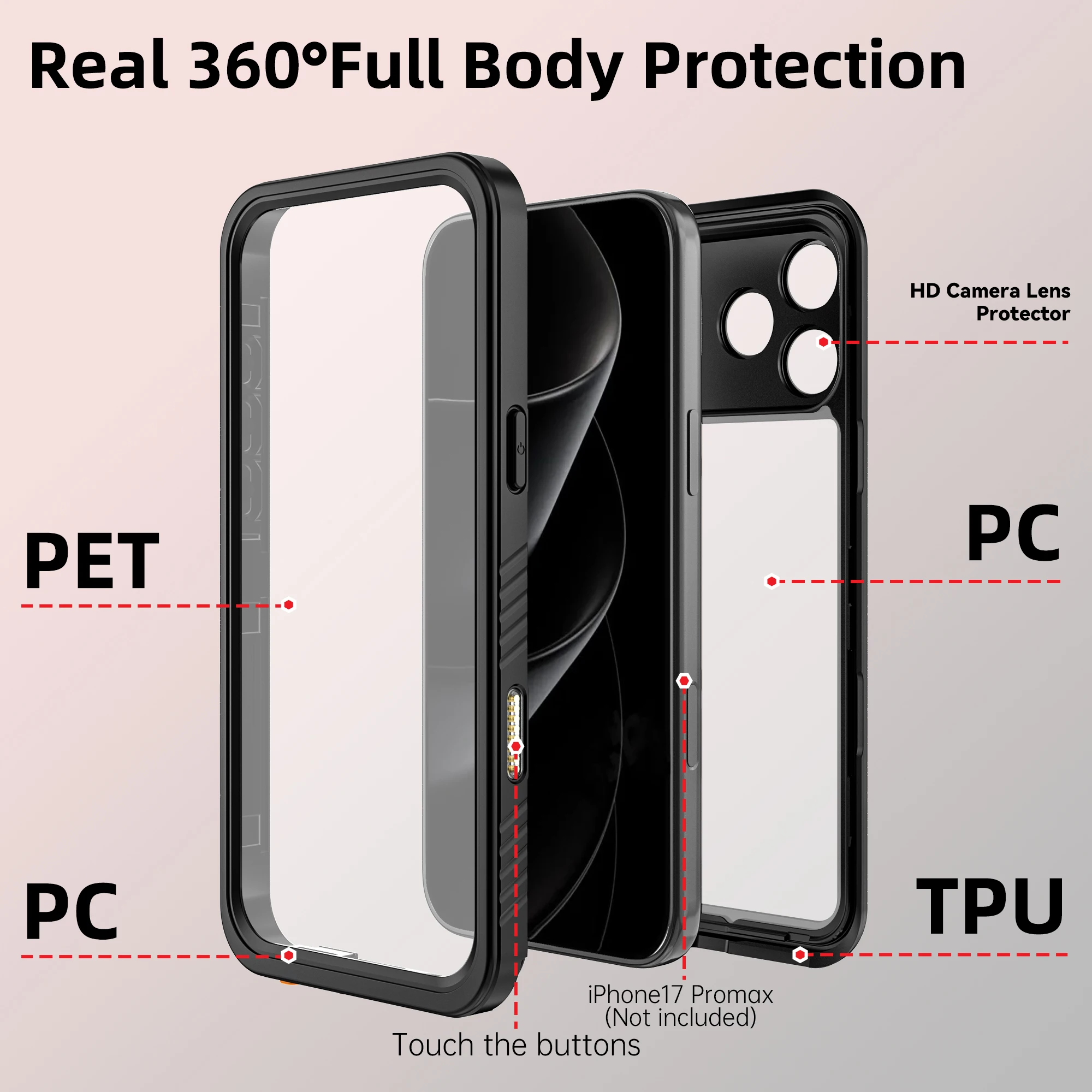 IP68 Wasserdichtes Gehäuse für iPhone 18 Pro Max 17e 16e 16 Pro Max 15 14 Sturzsichere Vollschutz-Hülle Robuste Schutzhülle – Detail 4