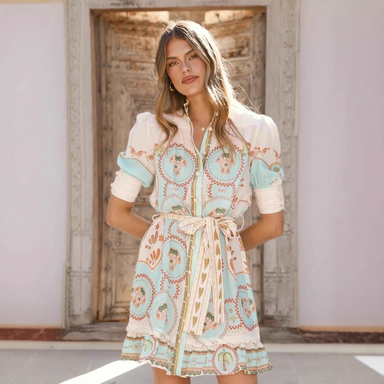 

Women's European and American Style Linen Floral Print Tie Short Sleeve Dress