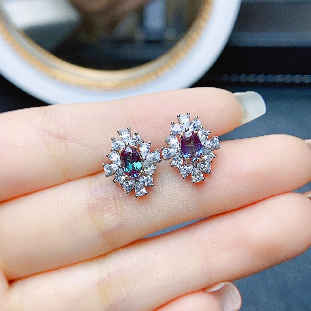 Russian Alexandrite Color Change Gemstone Stud Earrings in 925 Silver June Birthstone Alexandrite Stud Earrings For Gift