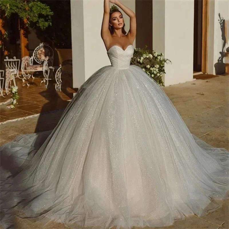 Strapless Sweetheart Wedding Dress Ruched Satin Corset Bodice All Over Silver Glitter Voluminous Ball Skirt Bridal Gown Customiz