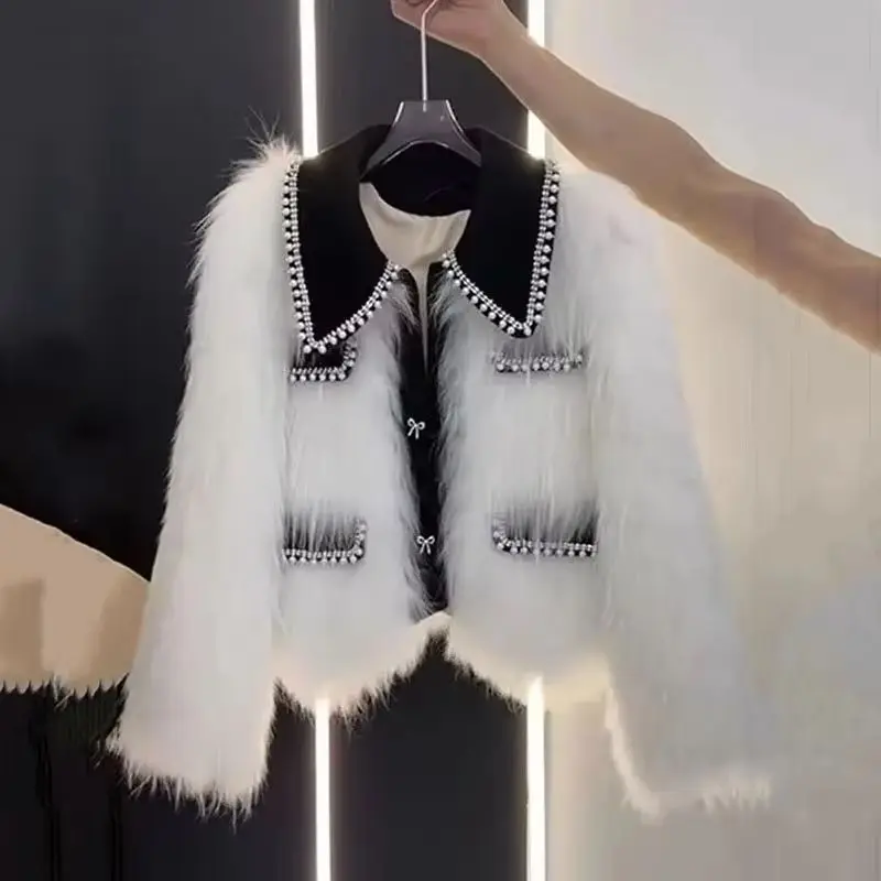 

High end Heavy Industry Nail Bead Imitation Fox Fur Grass Jacket Women Autumn Winter 2025New Unique Warm Casual Coat Female Top
