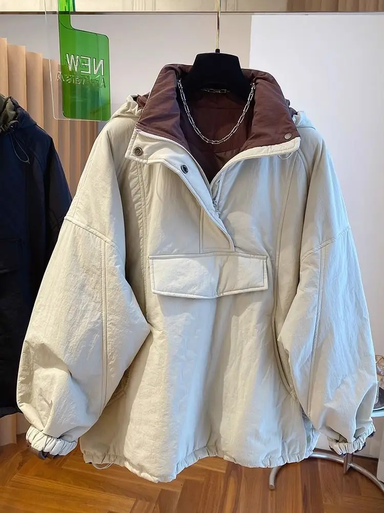 

Black Loose Zipper Hoodie Pullover Parkas Simple Fashion Thicked Warm Winter Jackets Long Sleeve Coat Women E12446