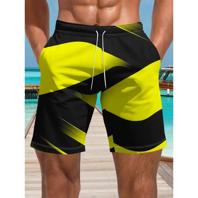 Men's Beach Shorts Yellow Black Curved Staggered Lines Dynamic Visual Drawstring Waist Casual Summer Board Shorts for Outings