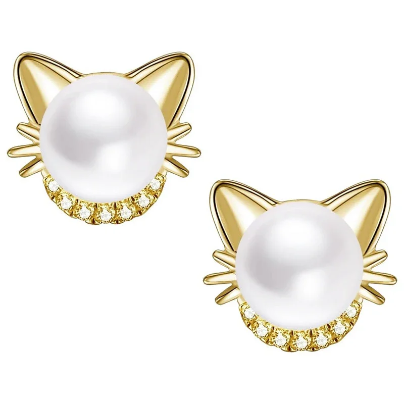 Huitan Cute Cat Imitation Pearl Stud Earrings with CZ Exquisite Girl Ear Piercing Earrings Fancy Birthday Gift Statement Jewelry