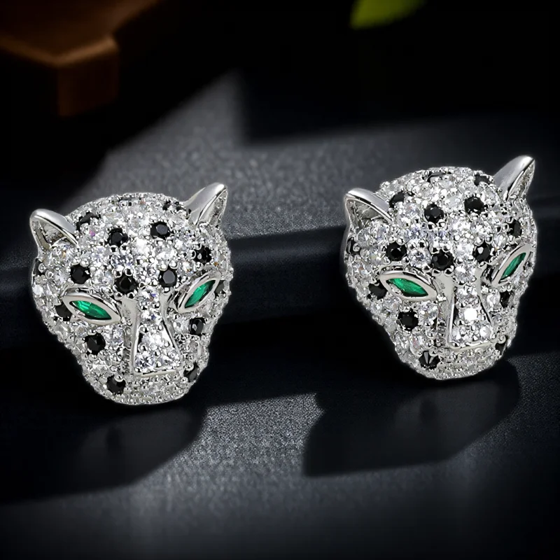 Domineering Leopard Head Stud Earrings For Women Men Gold Silver Color Rose Red White Zircon Hiphop Bar Big Ear Studs Jewelry CZ