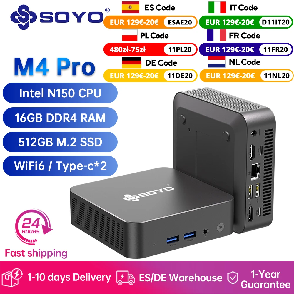 SOYO M4 PRO Mini PC Intel Alder Lake N150 16GB DDR4 512GB SSD WiFi 6 BT5.2 Win11 Pro Portable Mini Desktop Portable Computer