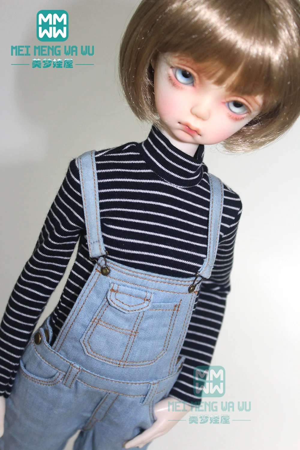 BJD – accessoires de poupée pour 43-45cm 1/4 MSD MK MYOU, T-shirt en Denim rayé, salopette à la mode