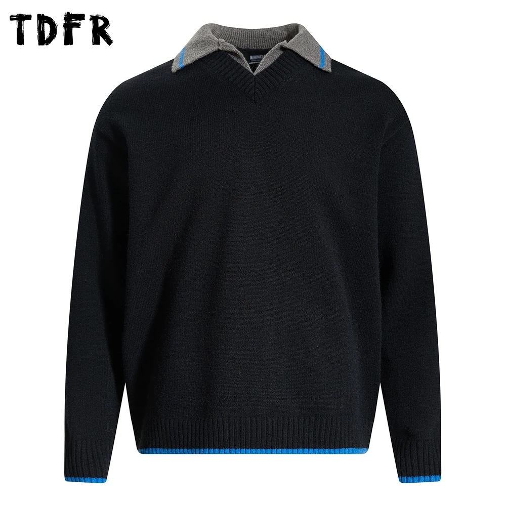 

Contrast Knitted Sweater Mens Autumn Winter Retro Casual Loose Long Sleeve Lapel Pullover Man