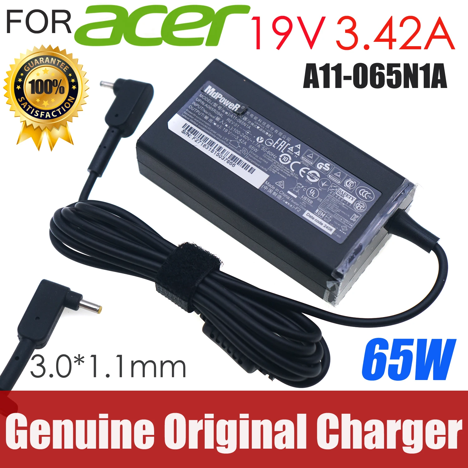 

Orginal Laptop Power Charger for Acer Aspire 3 A315-22 S7 S5 P3 Ultrabooks/W700 AC Adapter 19V 3.42A 3.0*1.0mm 65W (PA-1650-80)