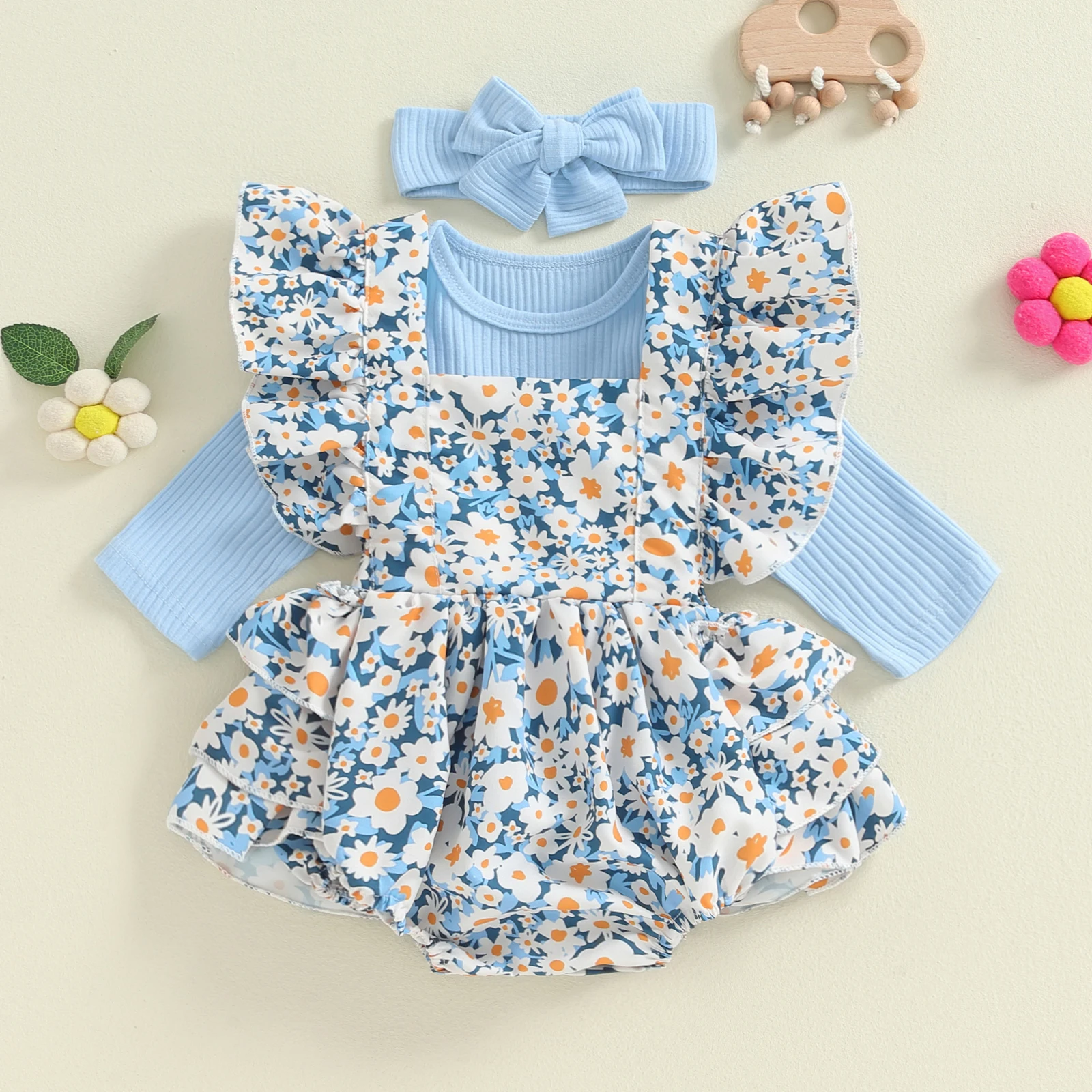 

BeQeuewll Cute Baby Girl Clothes for Newborn Fall Outfits Ribbed Ruffle Romper Floral Print Suspender Shorts Headband Kids Suits