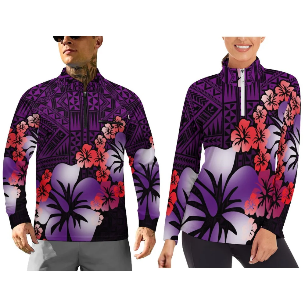 Customizable Long-Sleeved Sportswear For Couples Polynesian Floral Print Autumn And Winter Long-Sleeved Sportswear