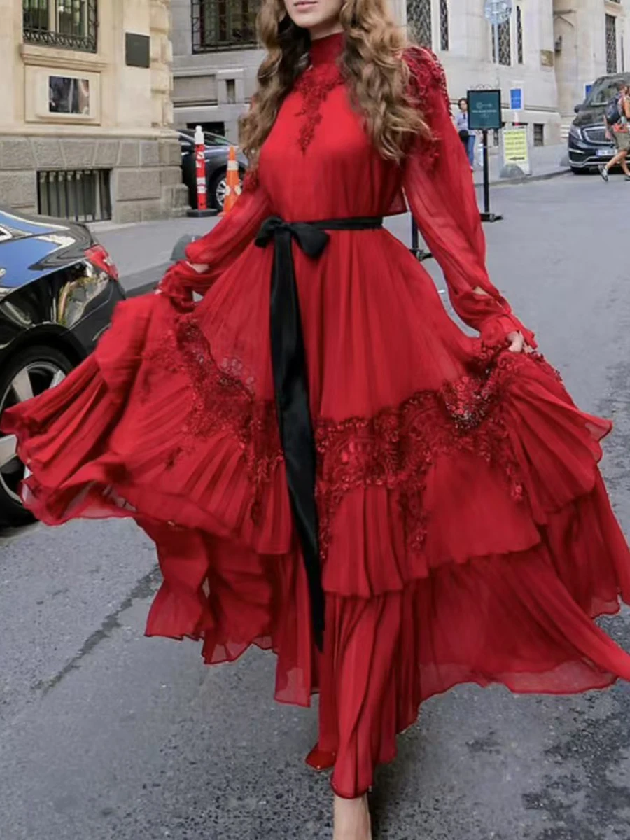 VGH Hit Color Vintage Cocktail Party Dress for Women Stand Collar Patchork Lace Hollow High Waist Irregular Prom Dresses Female