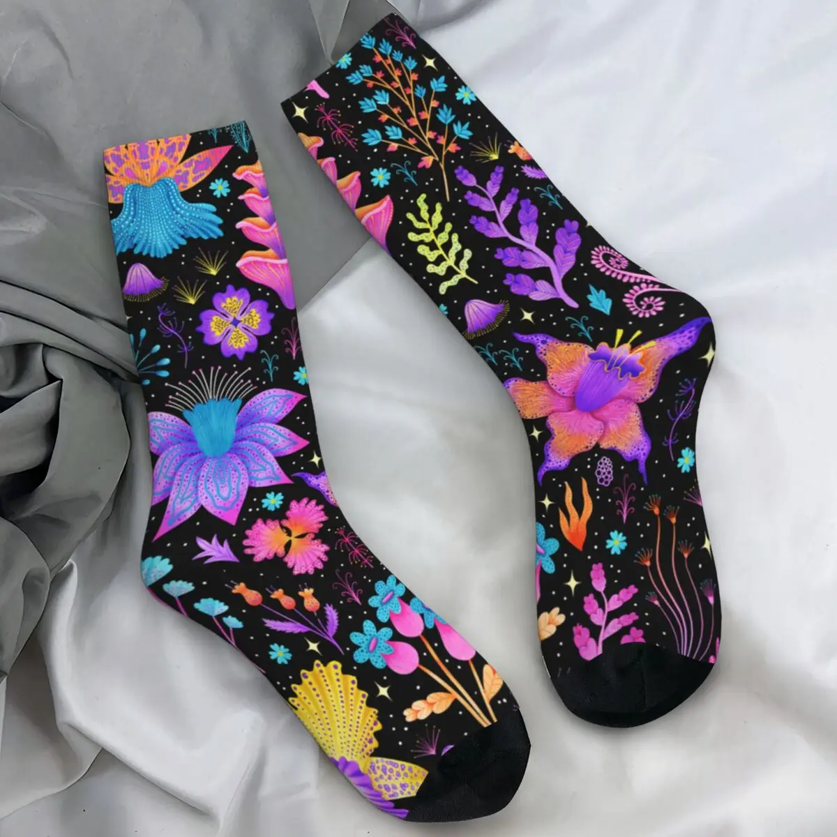 

Носки для пар, допаминовые неоновые чулки с цветочным принтом, осенние забавные мягкие дышащие носки, дизайнерские нескользящие носки для велоспорта