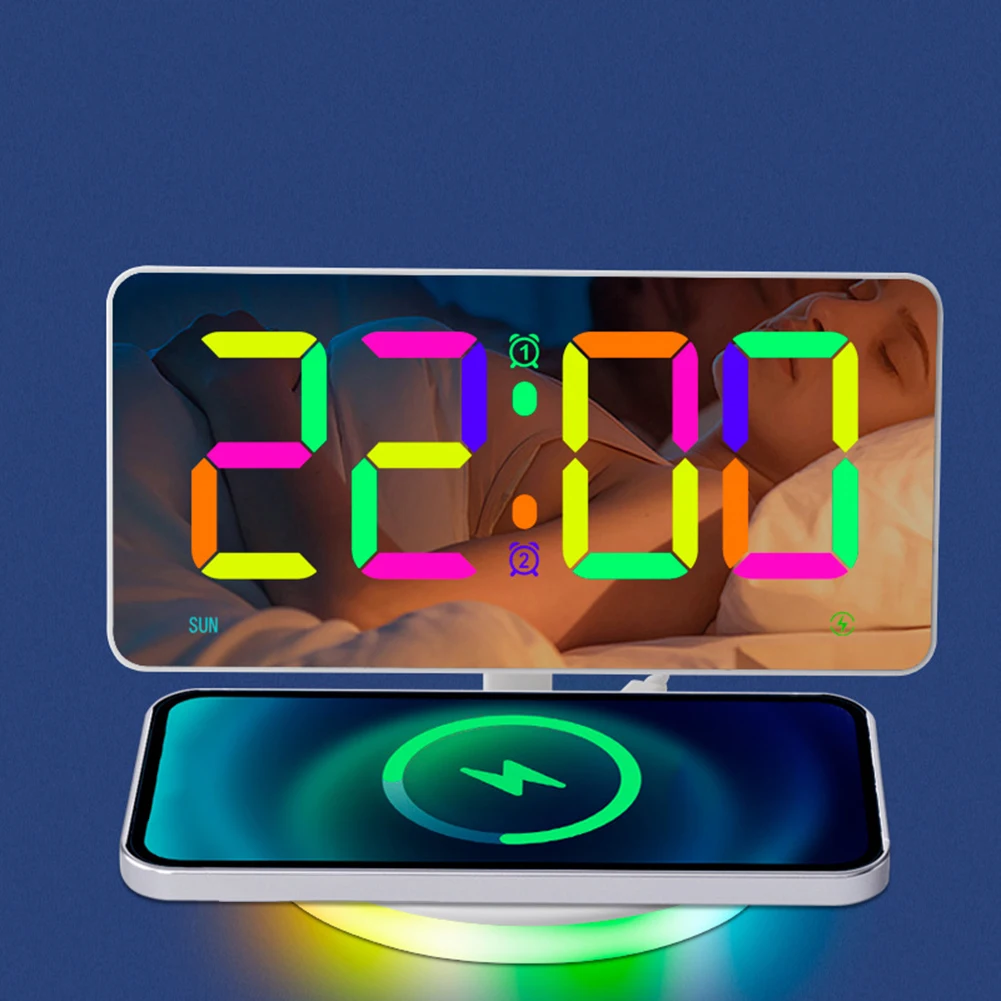 Colorful RGB Smart Large Screen Mirror Alarm Clock With Forwireless Charging And Adjustable Makeup Mirror RGB Digital