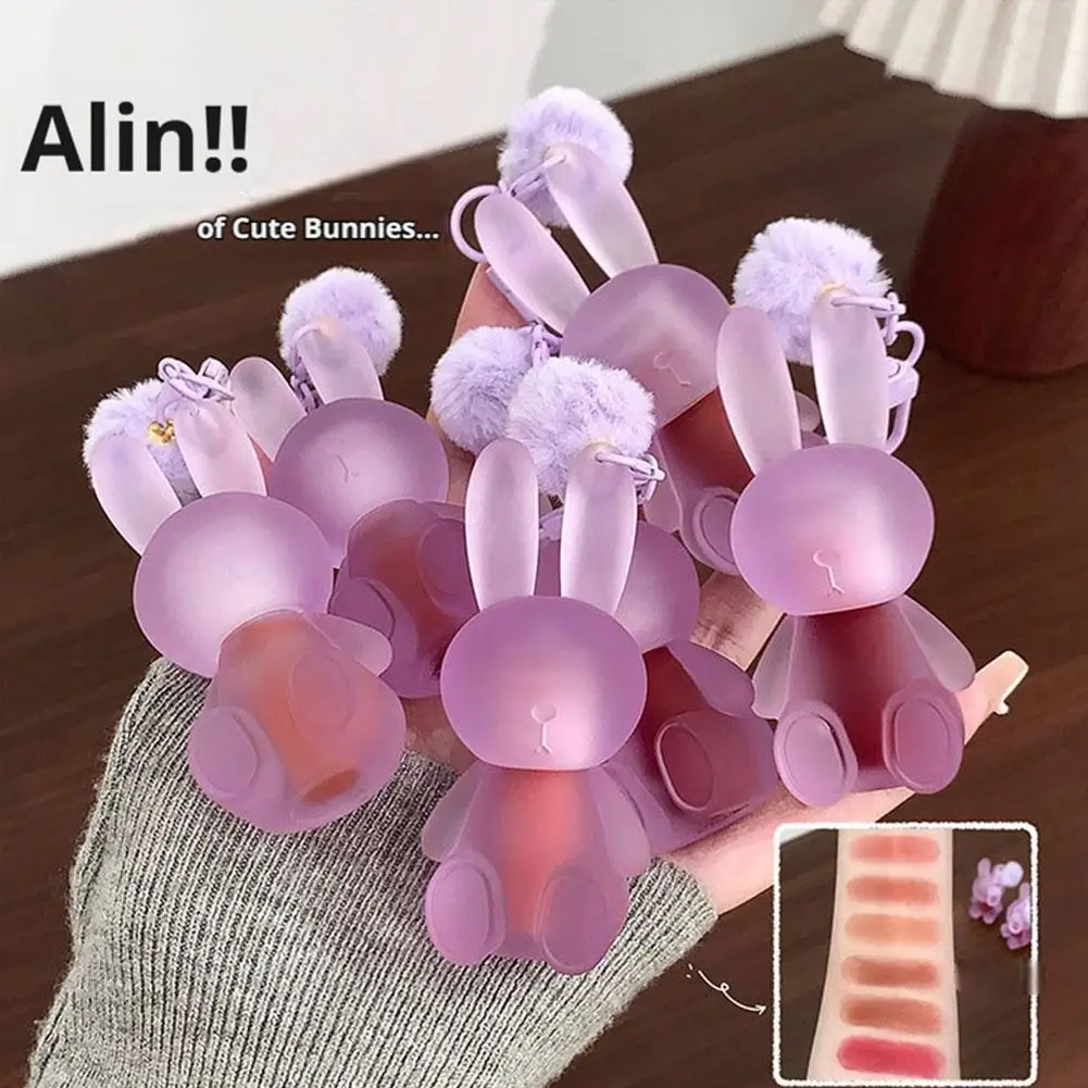 Cute Rabbit Keychain Lip Mud Soft Velvet Matte Lip Tint Not Easy Fade Non-sticky Cup Hydrating Multi-purpose Lip & Cheek Makeup