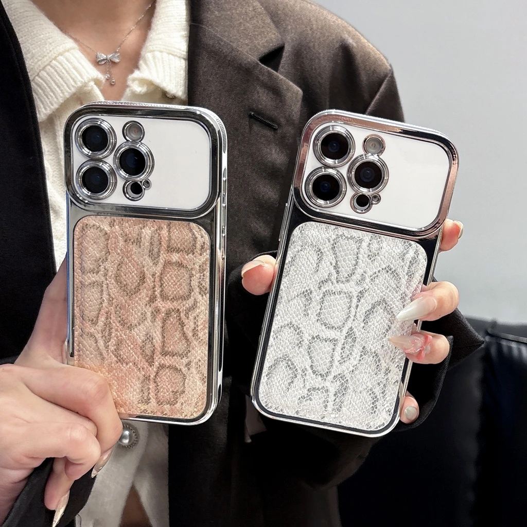 Fashion Silver Plating Frame Snake Skin Pattern Large Window Shockproof Protect Phone Cover Case for iPhone 17 16 15 14 Pro Max