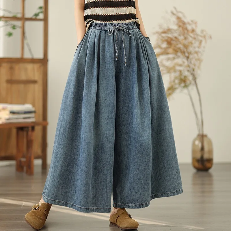 Women's Elastic Waist Denim Cropped Pants 2026 New Loose Versatile Lace Up Wide Leg Jeans Casual Vintage Fashion Jean Pants