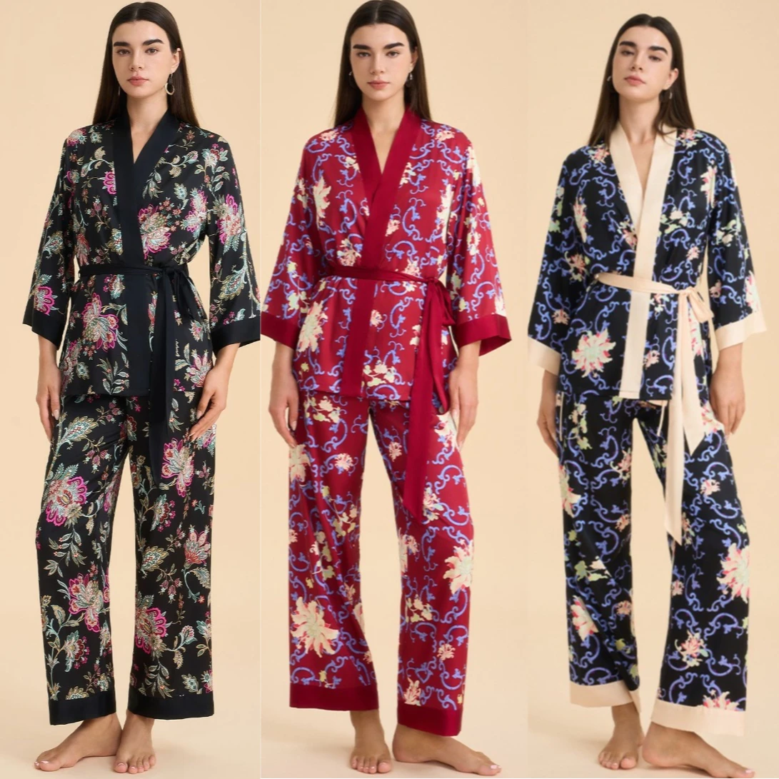 Spring Womens Pajamas Set Female 2PCS Sleepwear Loungewear Print Cardigan Trouser Pijamas Sleep Suit Satin Homewear