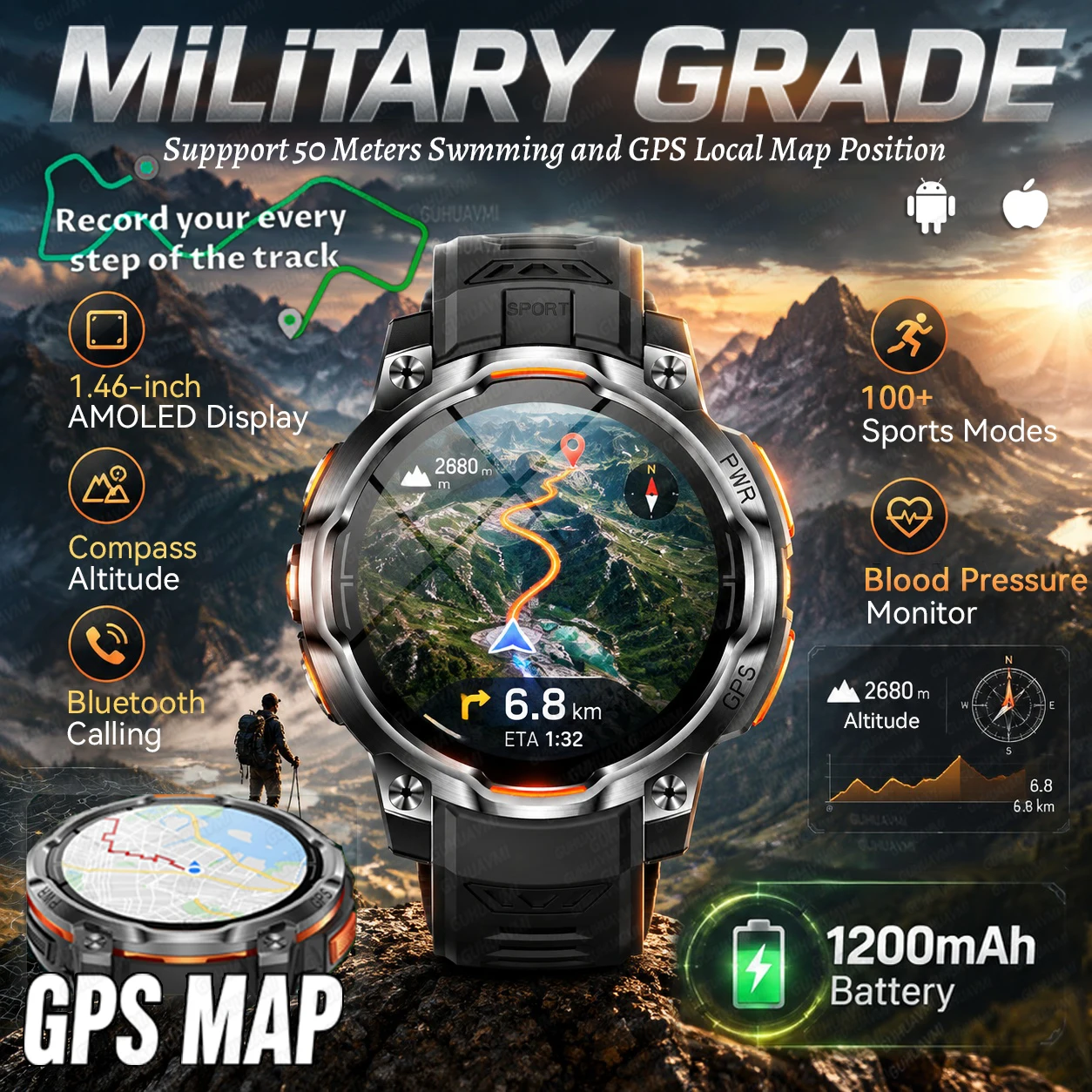 New GPS Outdoors Local Map Military Smart Watch Men 1.46