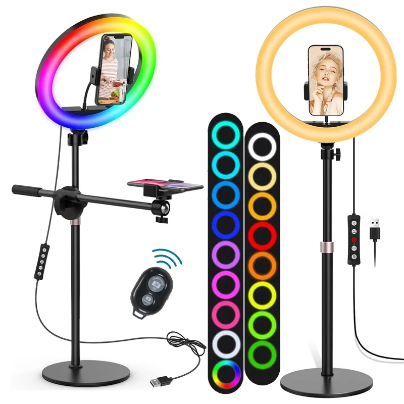 RGB Desk Ring Light with Stand and Phone Holder - 10.5'' Desktop Light Ring for Video Recording, Podcast, Selfie, Zoom Lighting