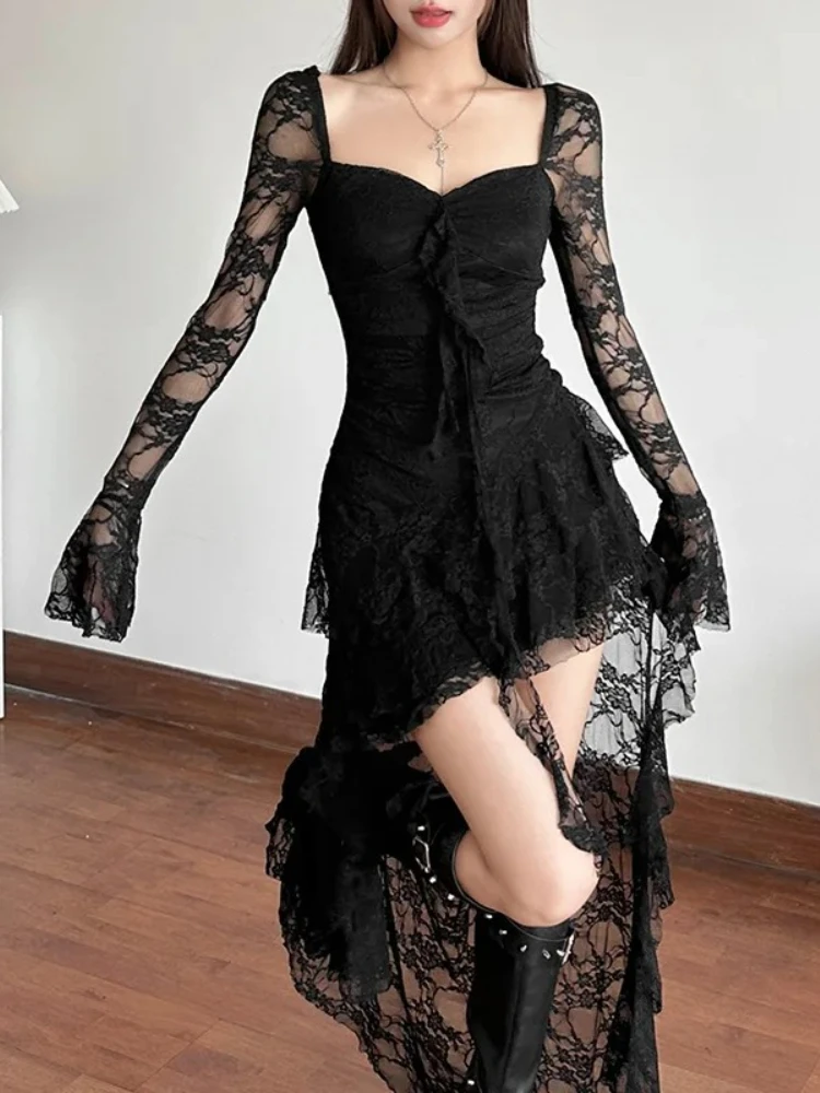 Verano gótico Fairycore encaje manga acampanada cuello cuadrado Vestido acampanado dulce e-girl Irregular vestidos con dobladillo largo Y2K Vestido de fiesta nuevo