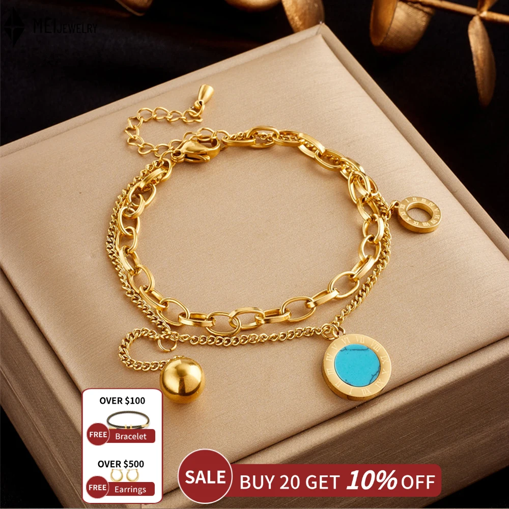 New Double-Layer Stainless Steel Chain Roman Round Brand Turquoise Pendant Jewelry Bracelet