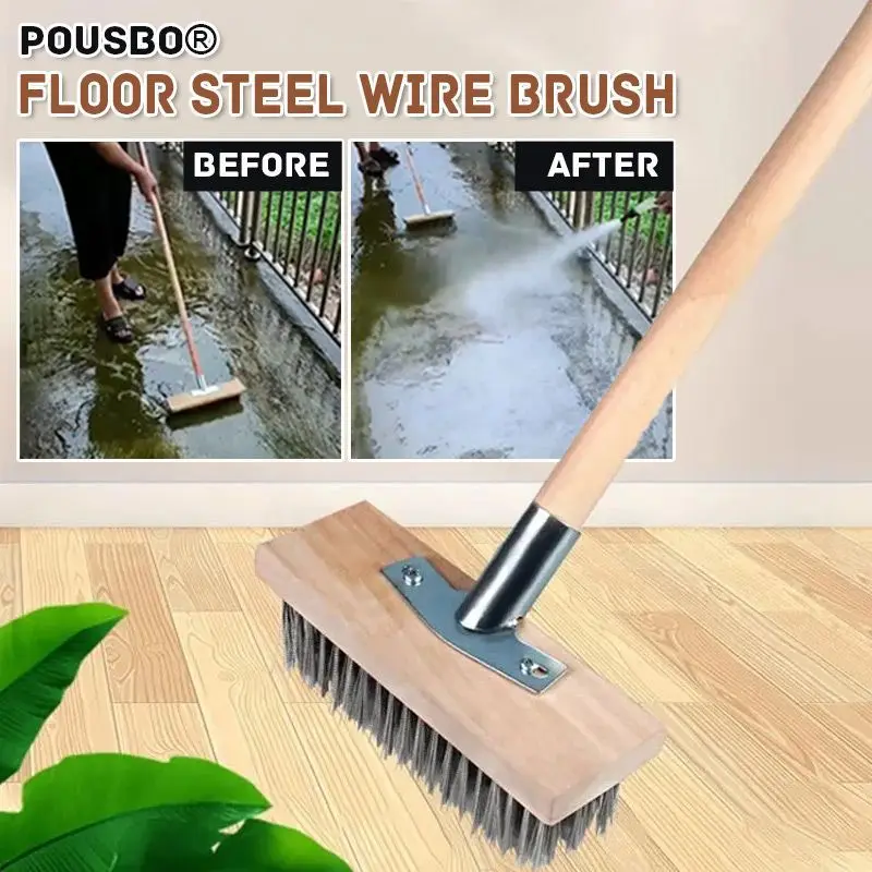 Floor Steel Wire Brush Steel Broom With Scraper Edge Robust Metal Holder Metal Broom Garden Moss Cleaner Scrubber Cleaning Tools