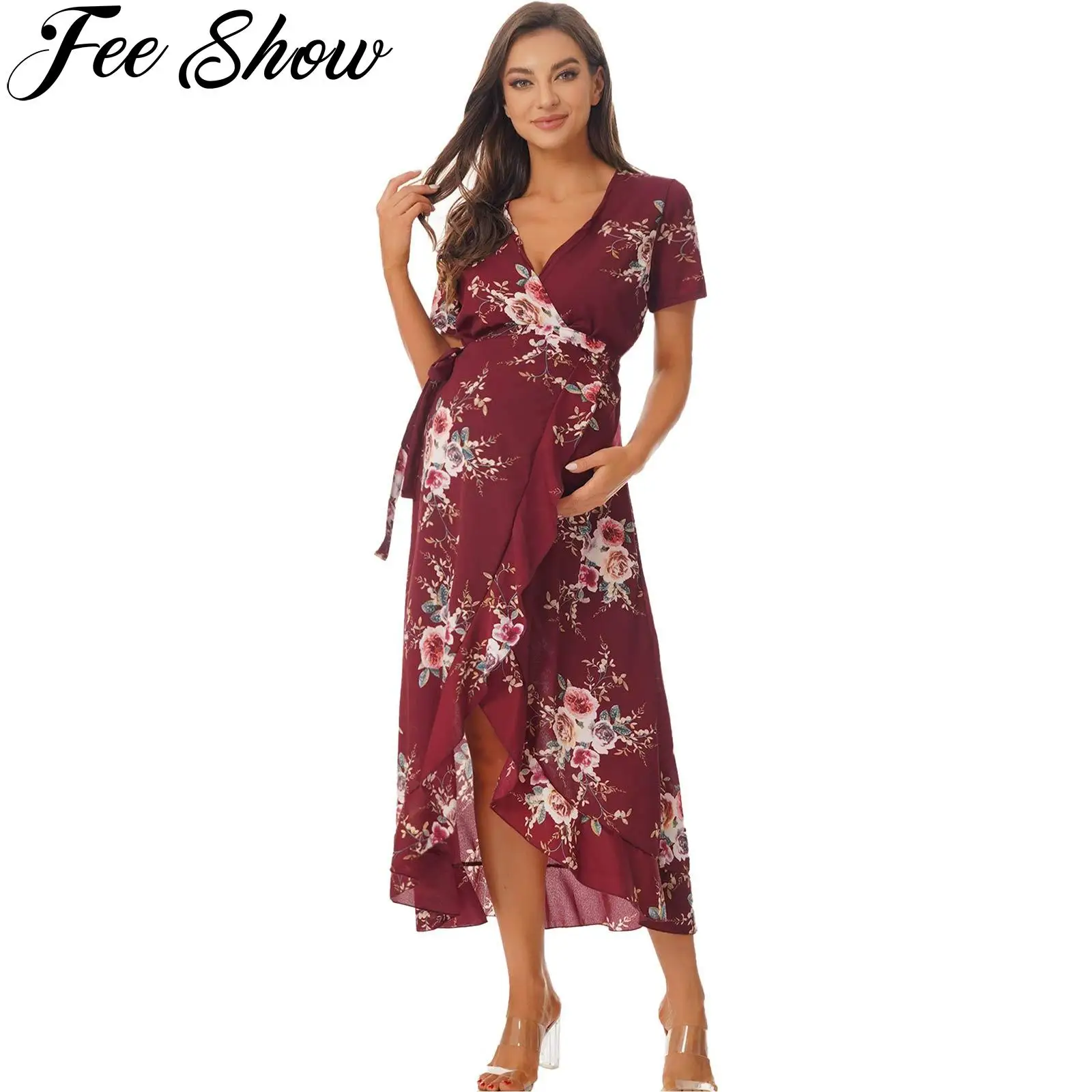 Maternity Floral Dress Summer Clothes For Pregnant Women Fashion Asymmetrical High Low Bohemian Maxi Dress Pregnancy Vestidos