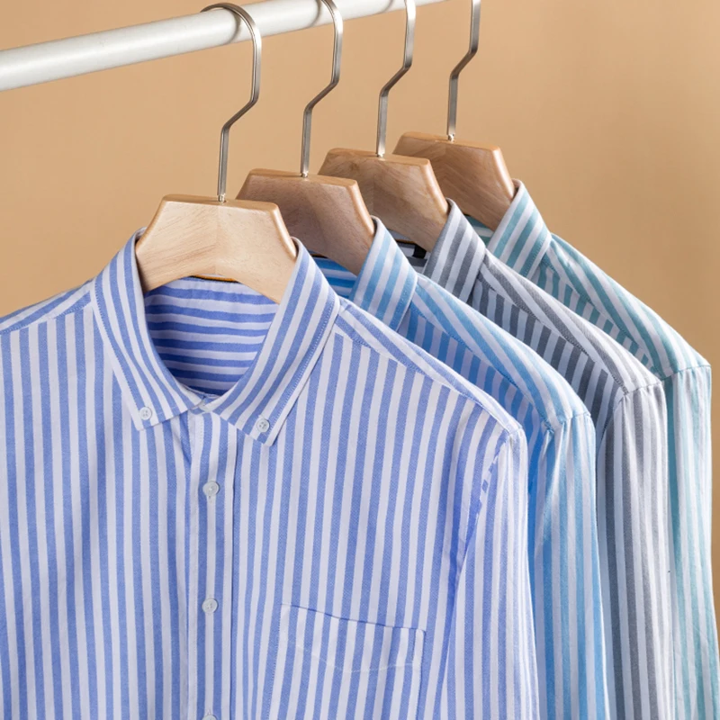 100% Cotton Oxford Men&#039;s Shirts Long Sleeves Plaid Shirt Pocket Social Blouse Striped Shirt Cotton Clothes